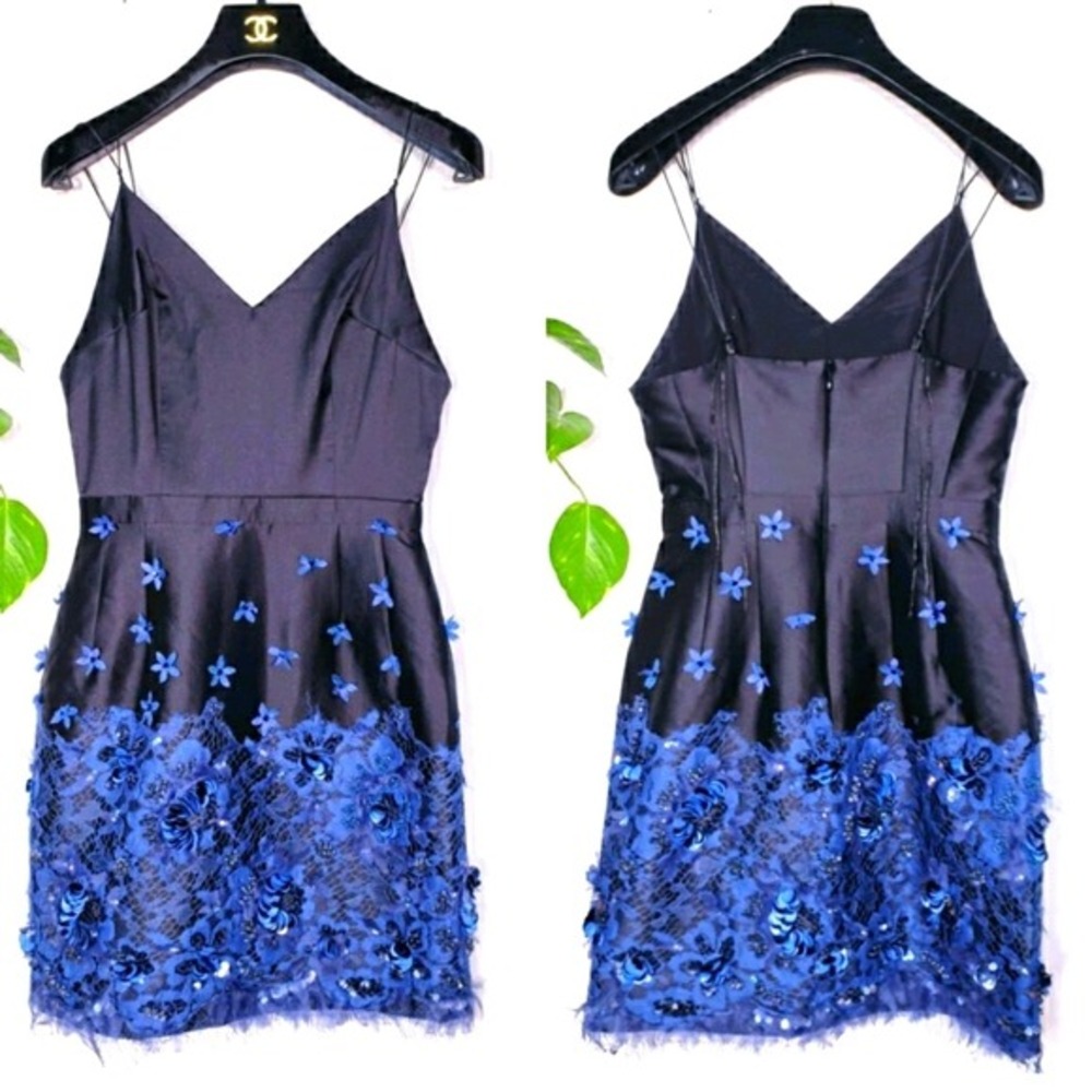 SAMANTHA SLEEPER Blue Cocktail Dress 4 S Fitted Navy Sequin Beaded Lace $870 NEW